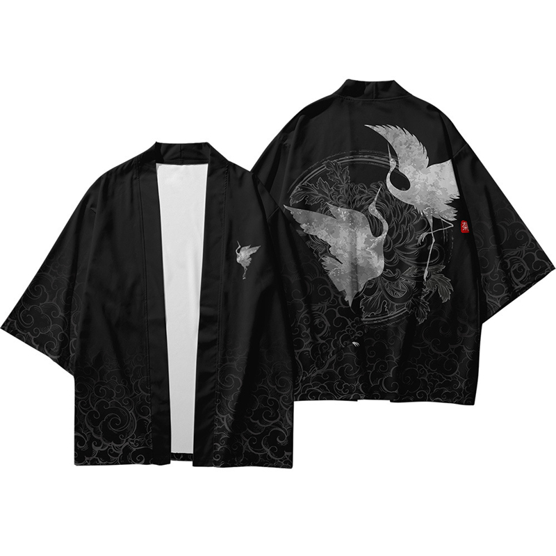 Japanse Vest Aziatische Strand Yukata Vrouwen Harajuku Crane Traditionele Zwarte Kimono Mannen Samurai Kostuum Haori Cosplay Kleding: Xxl
