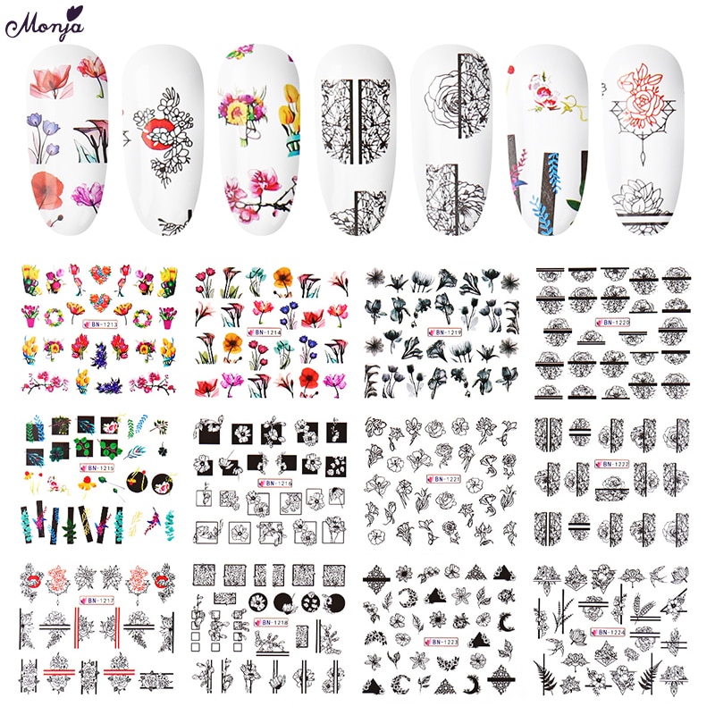 Monja Nail Art Bloem Patroon Cover Water Transfer Folie Decals Stickers Slider Manicure Decoratie Manicure Tool