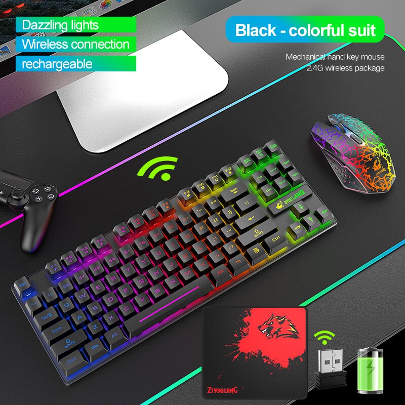 Wireless Keyboard and Mouse Kit 87 Keys Mechanical Feeling Gaming Keyboard Rechargeable LED Backlit 2.4G Mouse 2400dpi PC: black