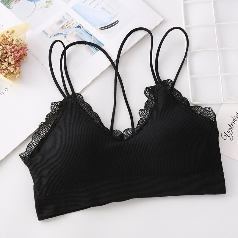 Sexy Kant Kant Bra Verpakt Vrouwen Vrouwen Ondergoed Dunne Schouder Riem Geen Stalen Ring Ondergoed: black