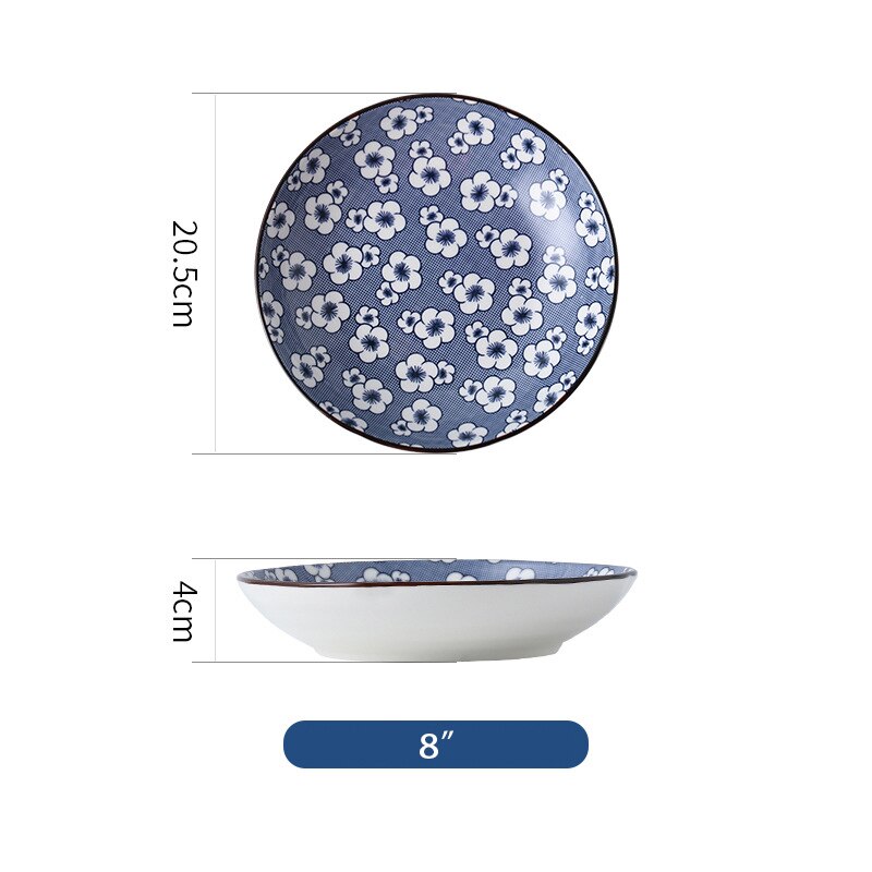 Vajilla de estilo chino con blanco y azul para pintar a mano de 8 pulgadas, platos de cerámica para fruta, ensalada, sopa: L