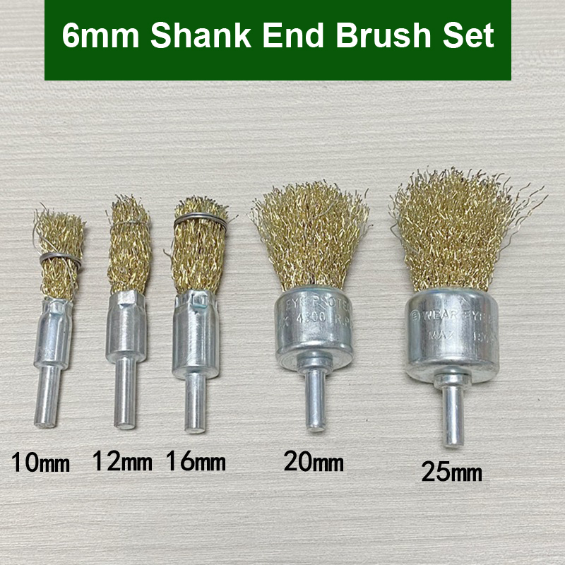 3/5/6 Uds 6mm 1/4 "vástago latón plateado alambre de acero al carbono taza/rueda/cepillo final taladro herramientas rotativas eliminación de óxido de Metal pulido limpio