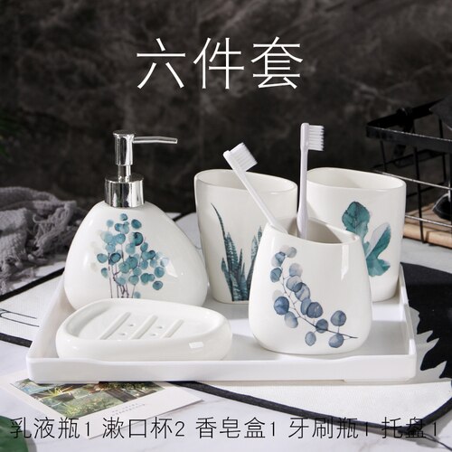 Vert plante nordique céramique salle de bain accessoires ensemble distributeur de savon/porte-brosse à dents/gobelet/porte-savon chine salle de bain produits: 6 piece