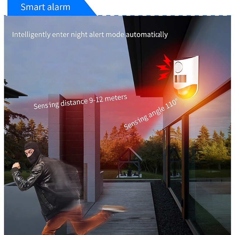 Solar Powered Infrared Motion Sensor Detector Alarm System Waterproof 120DB Loud for Home Outdoor Security