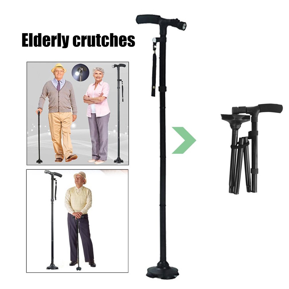 Magic Cane Folding LED Light Safety Walking Stick 4 Head Pivoting Trusty Base For Old Man T Handlebar Trekking Poles Cane