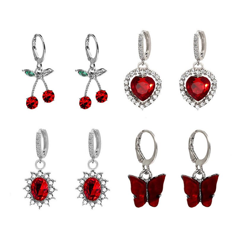 JUST FEEL 4Pcs/set Shiny Heart Crystal Earrings Female Multicolor Butterfly Cherry Earring Sets Statement Jewelry: 016703RS