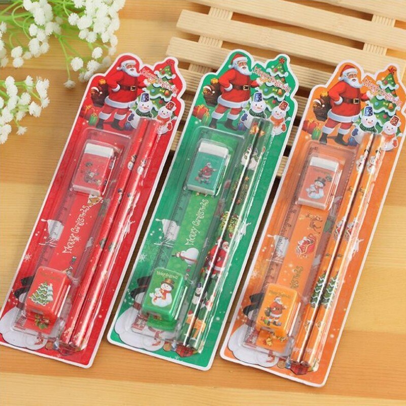 5pcs/set Christmas Series Kids Stationery Students Ruler Pencil Eraser Pencil Sharpener Kit School Rewards Supplies