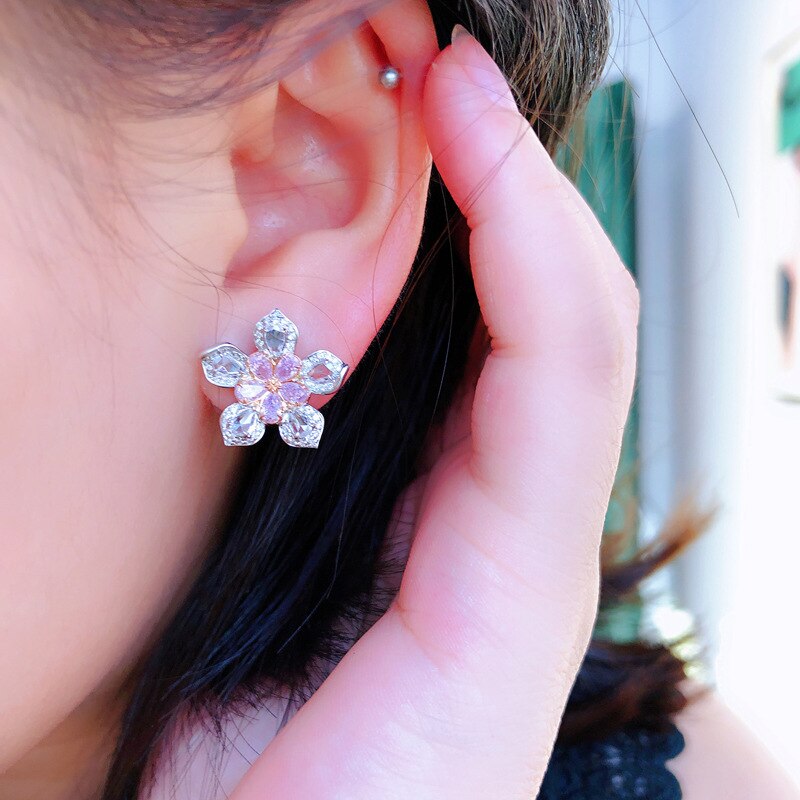 Bague en Zircon rose, fleur de cerisier, ensemble de boucles d'oreilles, collier, anneau ouvert, pendentif, bijoux, ensemble de trois pièces,