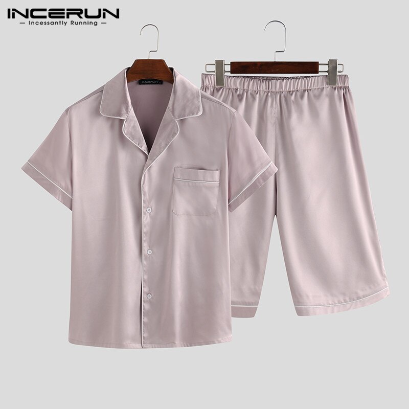 Incerun herre kortermede korte bukser pyjamassett sommer ensfarget nattøy til hjemmet kausal løs er silke jakkeslag natttøy 5xl: Rosa / Xl
