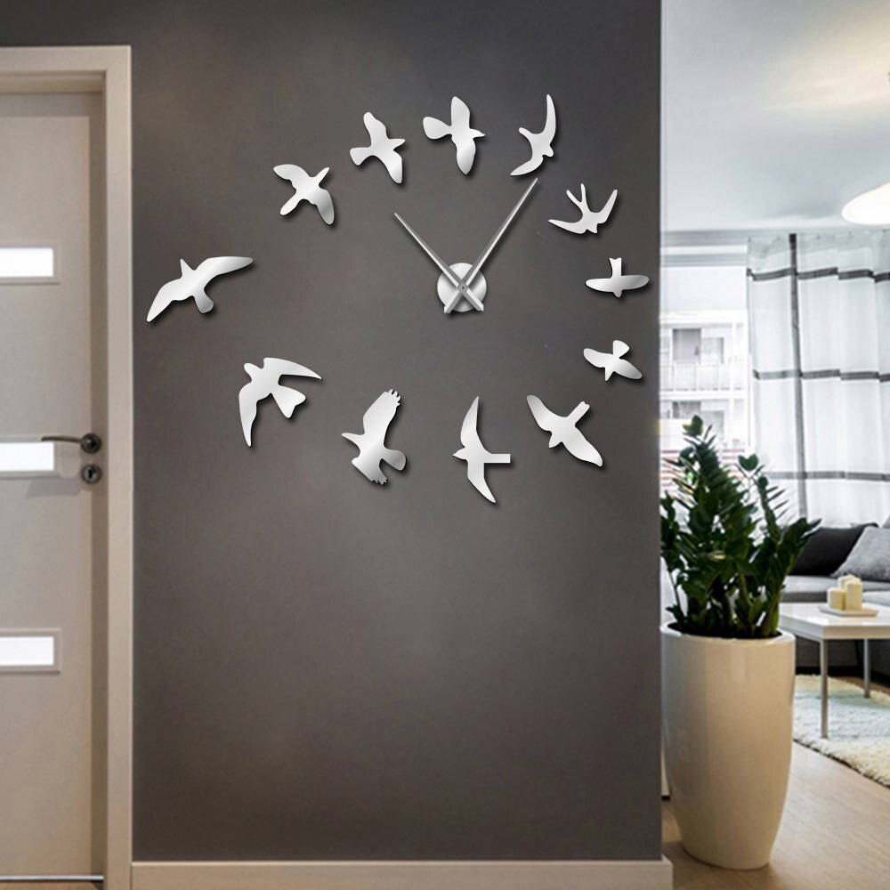Frameless DIY Large Clock Wall Watch Nature Room Decor Mirror Decorative Flock of Flying Birds Modern Fashionable Luxury