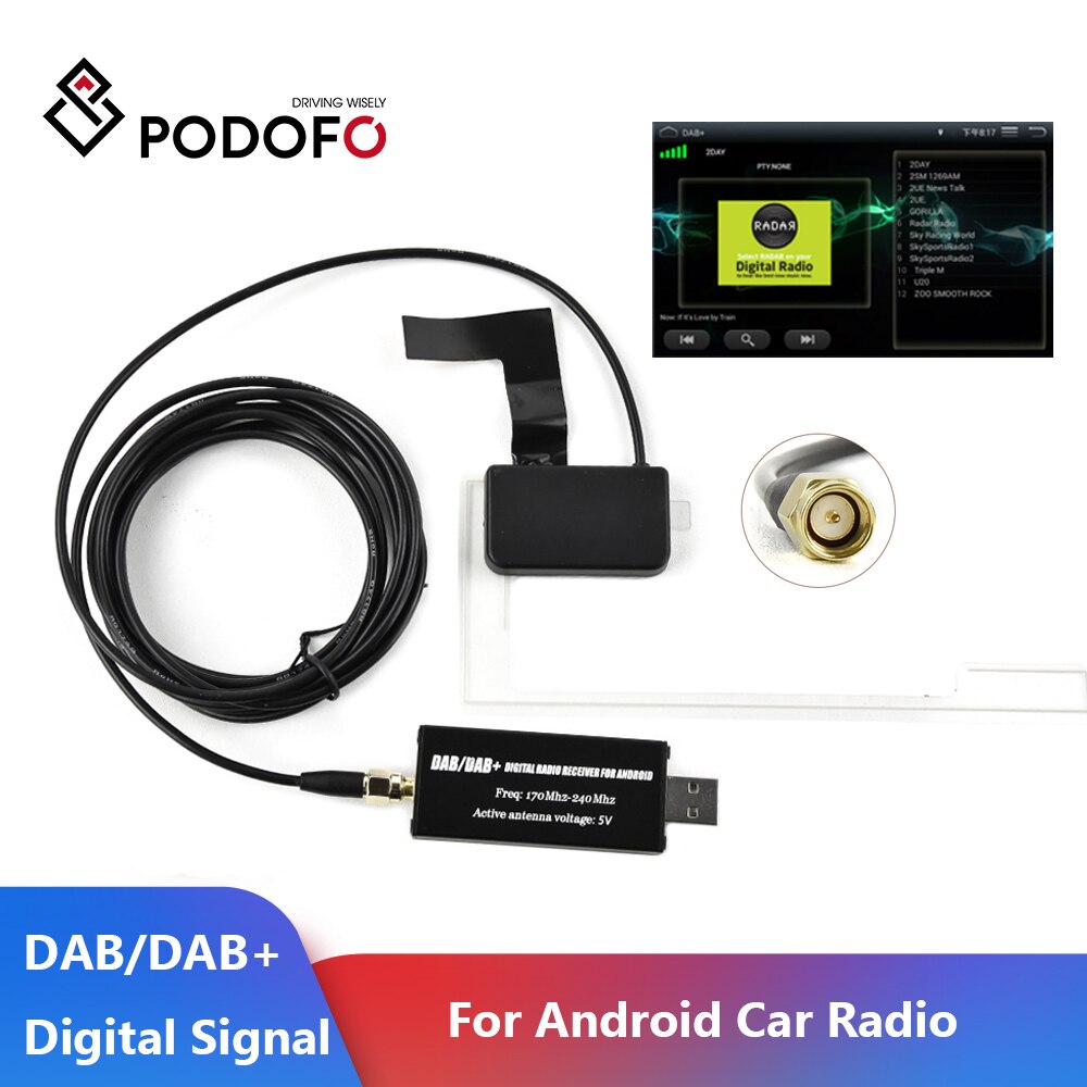 Podofo Dab + Antenne Met Usb Adapter Ontvanger Android Car Stereo Speler Auto Gps Ontvanger Dab + Signaal Ontvanger Voor universele