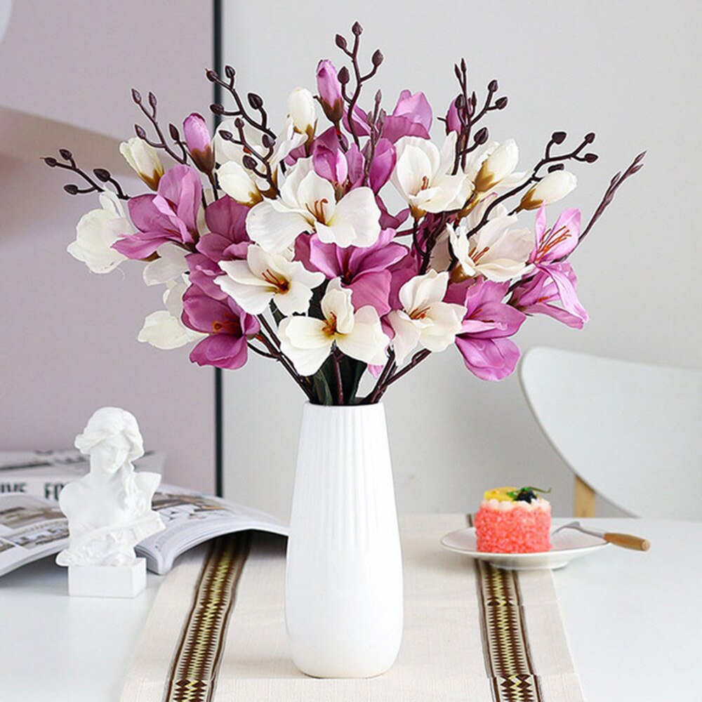 Ramo de flores artificiales de seda, plantas de simulación de Magnolia para decoración del hogar, sala de estar, propuesta de boda, 5 tenedores, 20 cabezas