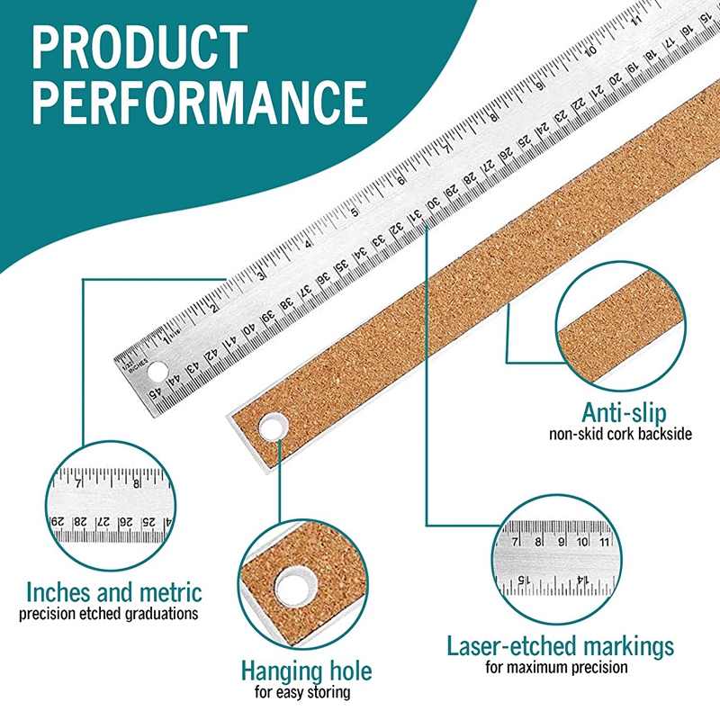 PPYY-Metal Ruler -Precision Ruler 18 Inch - 3 Stainless Steel Ruler, Cork Backed Ruler Flexible Metal Rulers -Inch and Metric
