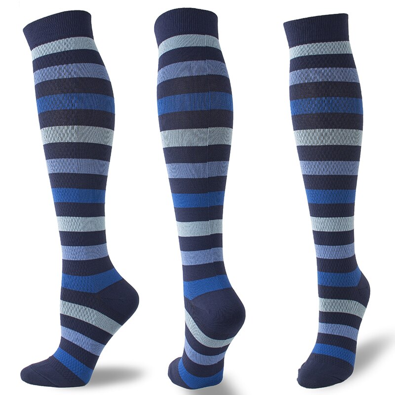 Stock de compresión para hombre y mujer de Mulaya, soporte para piernas, varices elásticas, rodilleras, dibujos a rayas, deporte de alta elasticidad: Blue / S M