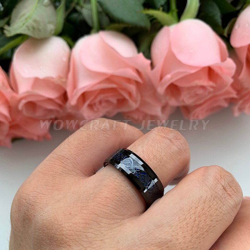 8mm Black Tungsten Wedding Ring voor Mannen Vrouwen Blauw Carbon Fiber Black Dragon Inlay met Comfort Fit Engagement Band