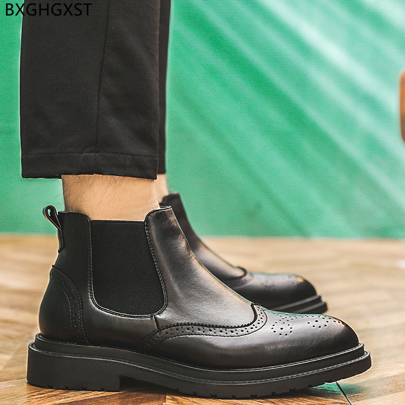 Bottes Chelsea noires en cuir pour hommes, grosses chaussures à plateforme pour moto, 2022