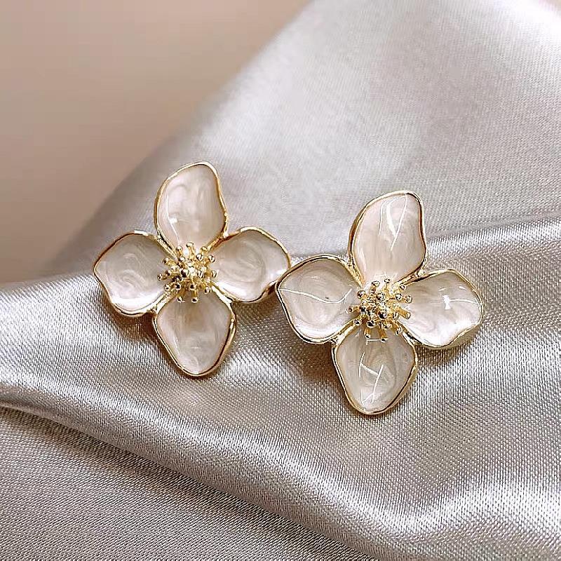 Hibiscus Dropped Glaze Flower Stud Earrings for Women Girl French Vintage Korean Wedding Romantic Jewelry: SILVER PLATED