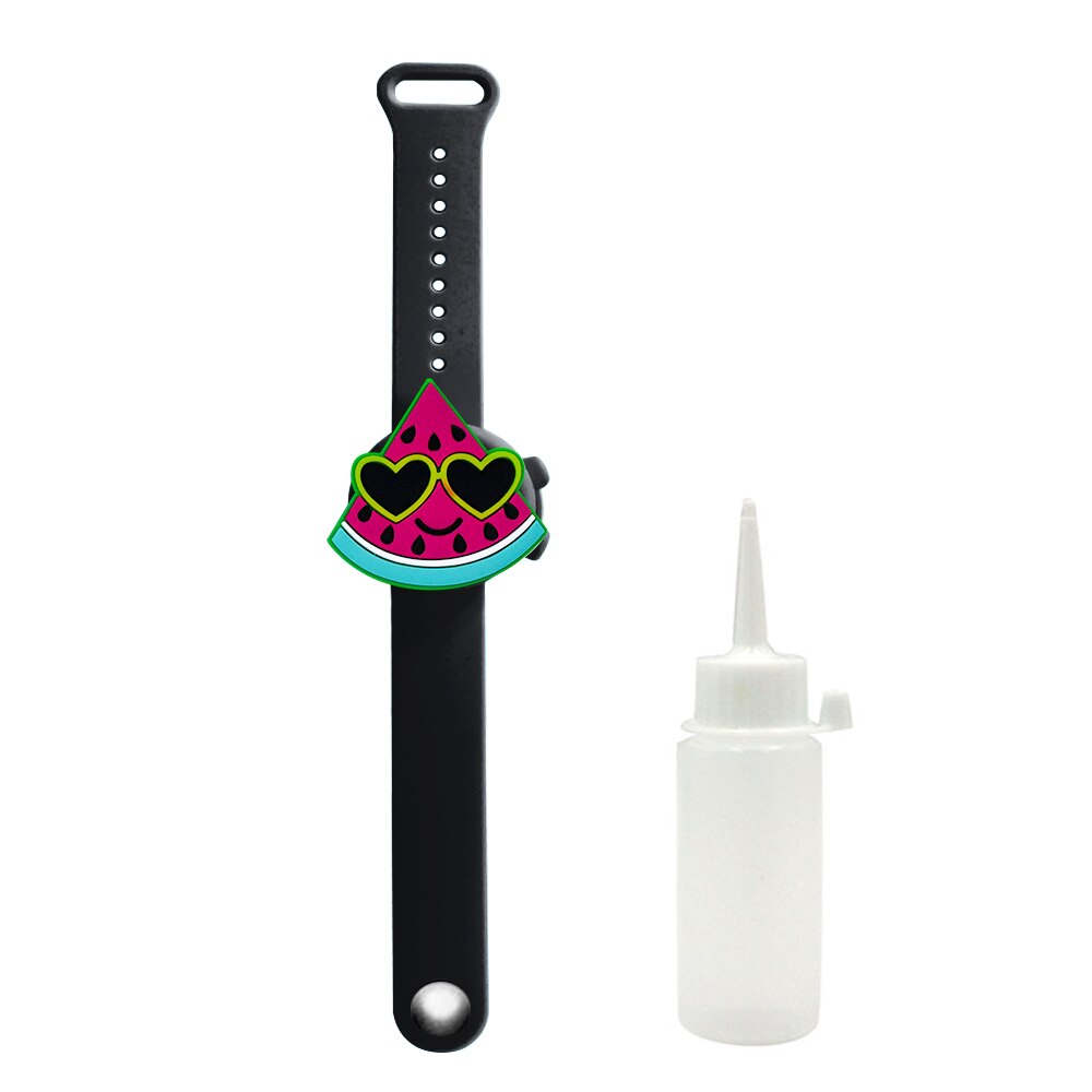 Portátil niños pulsera de mano dispensador de dinosaurio, unicornio desinfectante de manos Gel de pulsera mano apoyo muñeca desinfectante pulsera: black watermelon