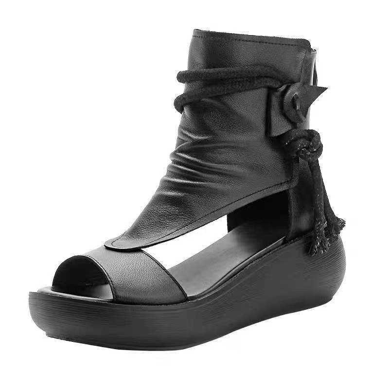 Sandales en cuir confortables pour femmes, bottes Cool à plate-forme, chaussures d'extérieur à la , semelles compensées, augmente la hauteur, chaussures à bout ouvert, été, 2022: Black / 39