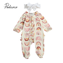 Baby Spring Autumn Clothing Newborn Baby Girl Outfit Long Sleeve Footies Rainbow Printed Clothes Ruffled Zipper Jumpsuit