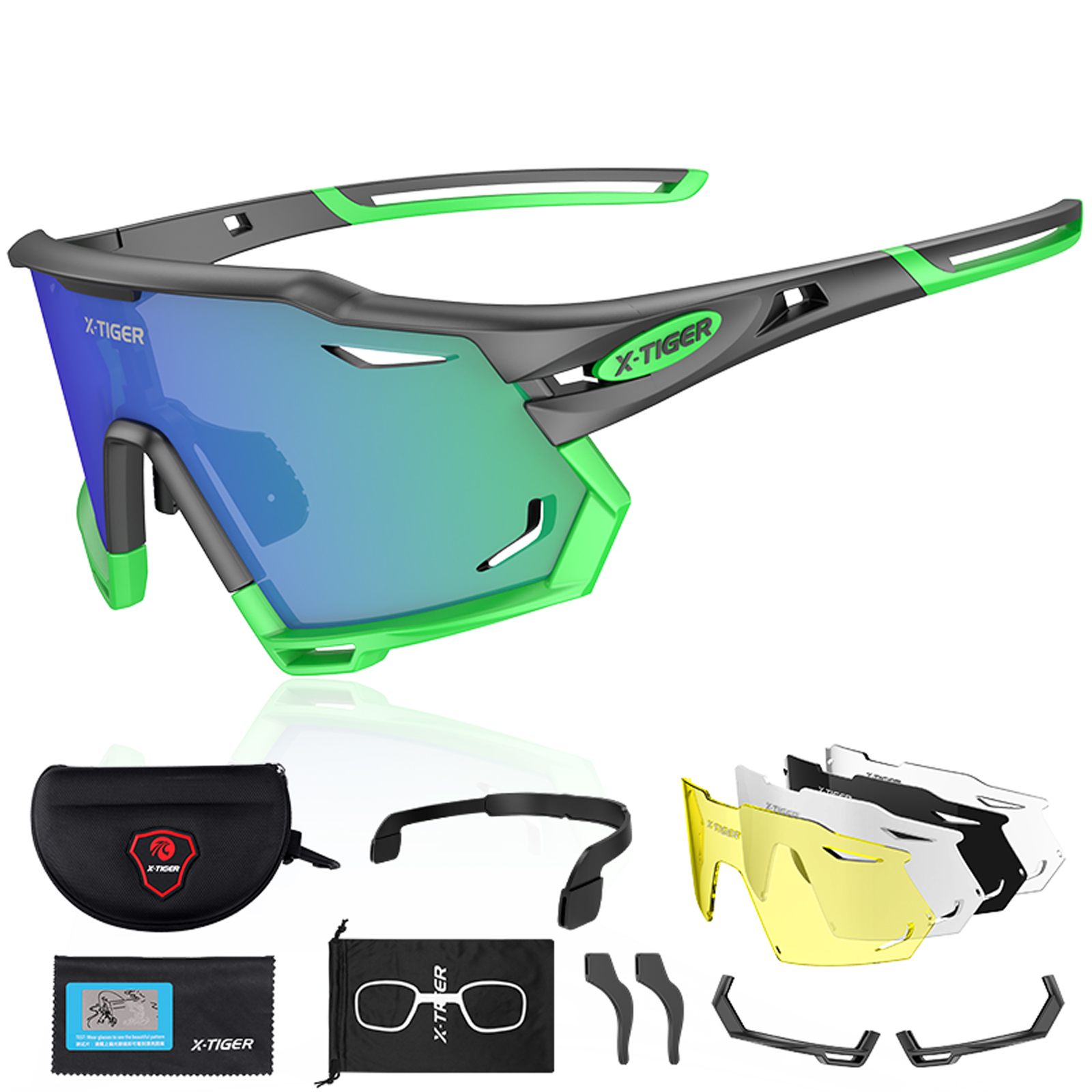 X-TIGER Gafas de ciclismo polarizadas con 5 lentes intercambiables MTB Ciclismo Béisbol Correr Gafas de sol deportivas para hombres y mujeres: Verde / Rojo