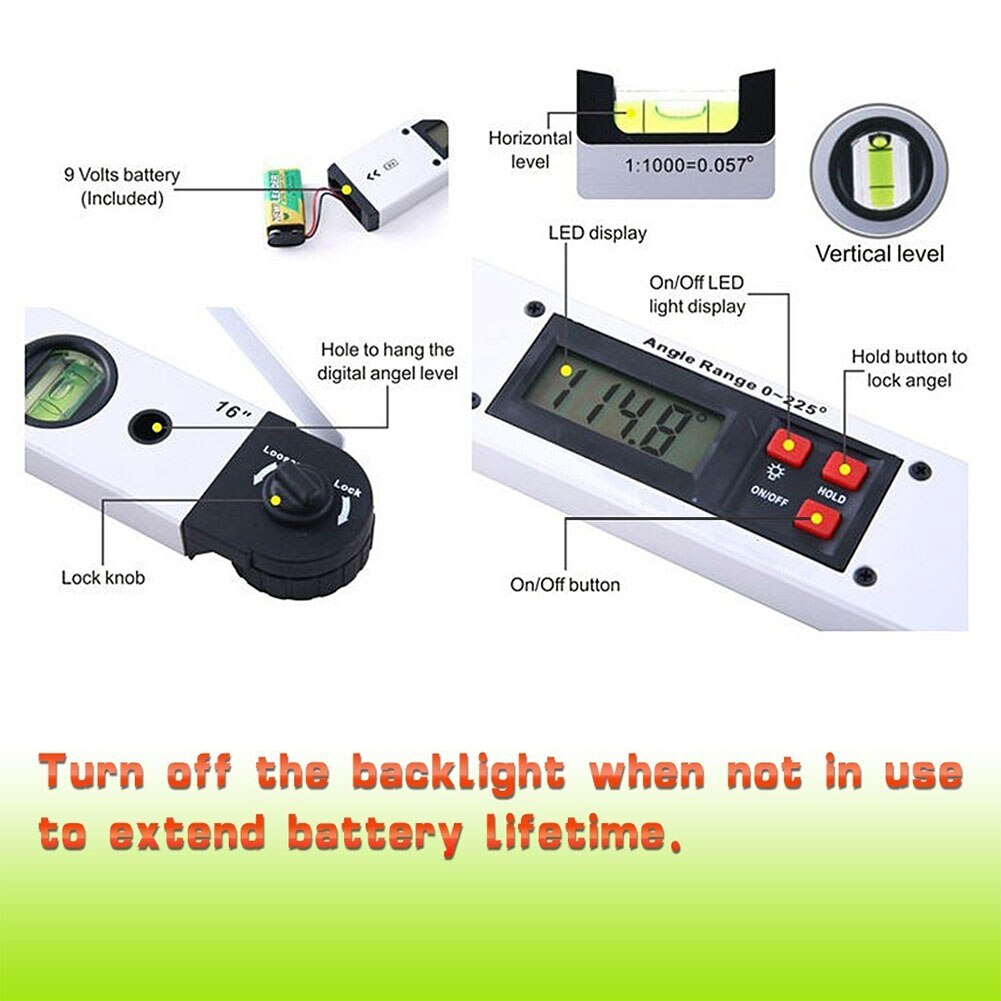 400mm Slope Tool Angle Level Digital Goniometer Measuring LCD Display Battery Powered Accurate With Magnetic Base
