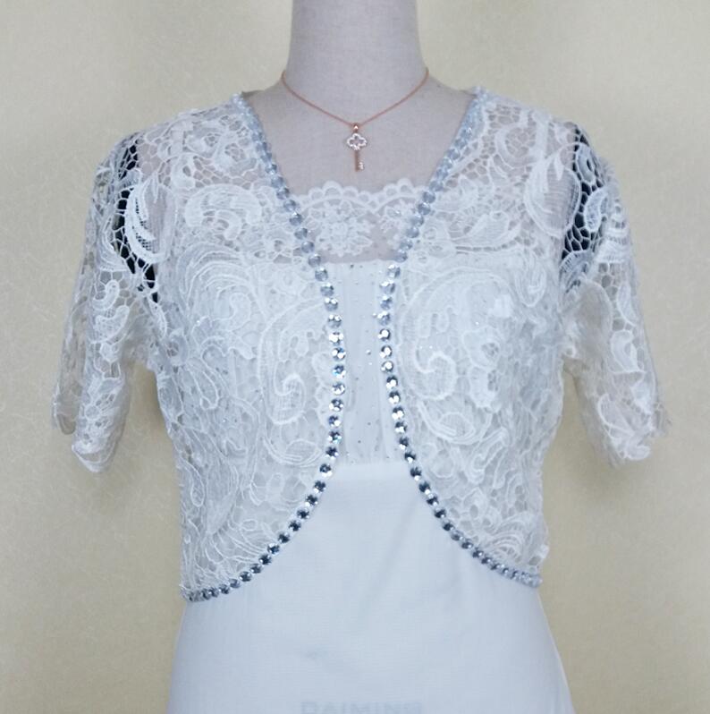 JaneVini, chaquetas cortas de encaje con cuentas para boda, se encoge para mujeres, verano, cristales rosas, Bolero, envolturas nupciales, accesorios de abrigo, Bolerka: Blanco