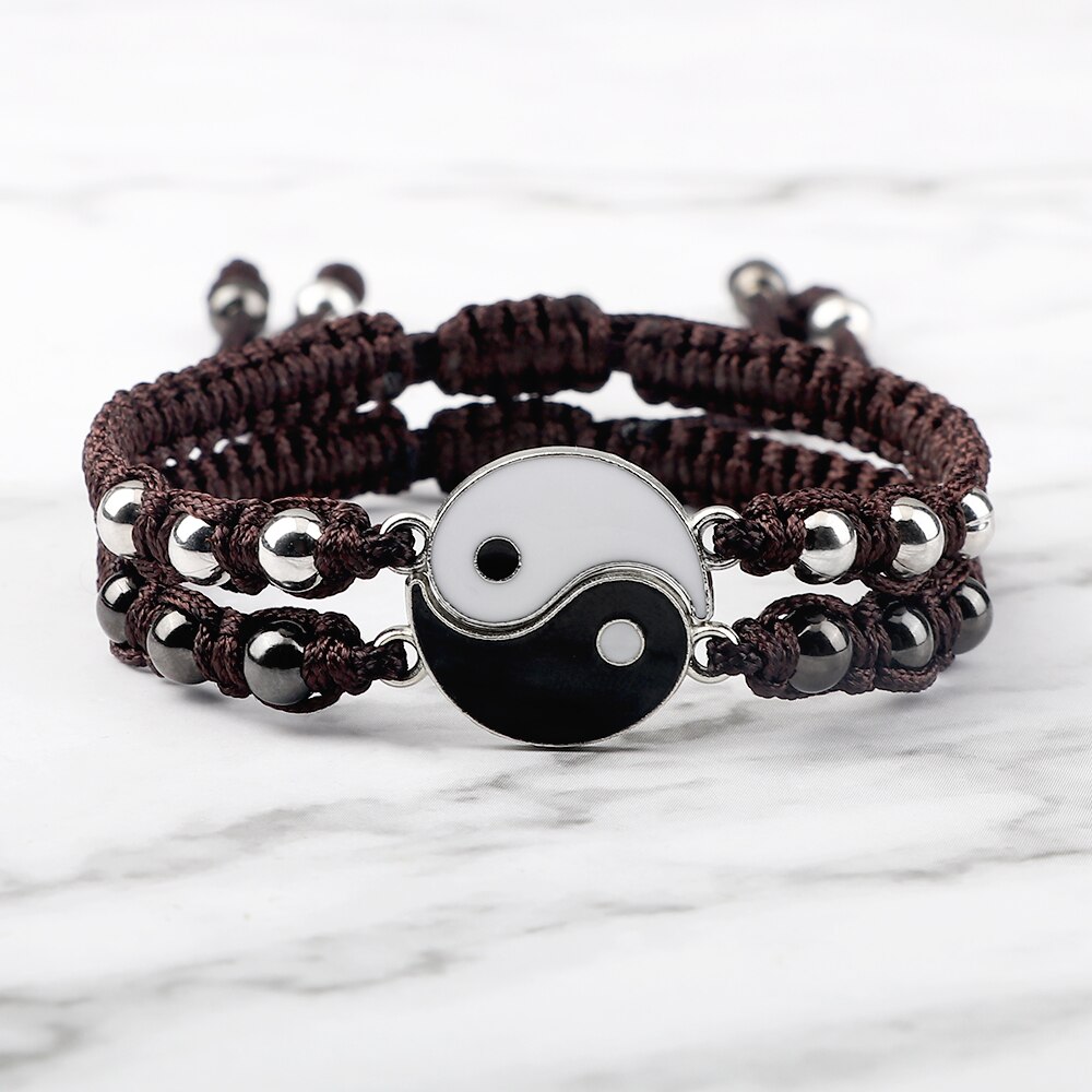 2 unids/set de pulsera trenzada Yin Yang Tai Chi, abalorio negro y blanco, pulseras ajustables a juego para parejas y joyería para amantes de la distancia Blangle