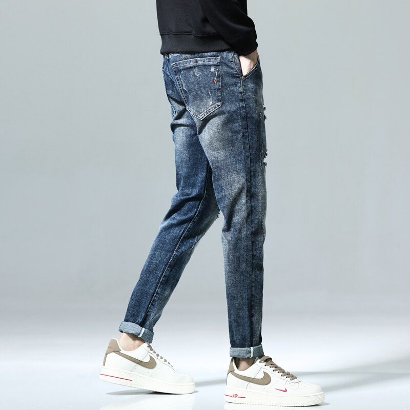 Pantalones vaqueros de motorista para hombre, Jeans elásticos de color azul oscuro, ajustados, rasgados, ropa de calle desgastada, pantalones de mezclilla informales Retro, pantalones de hip hop para hombre