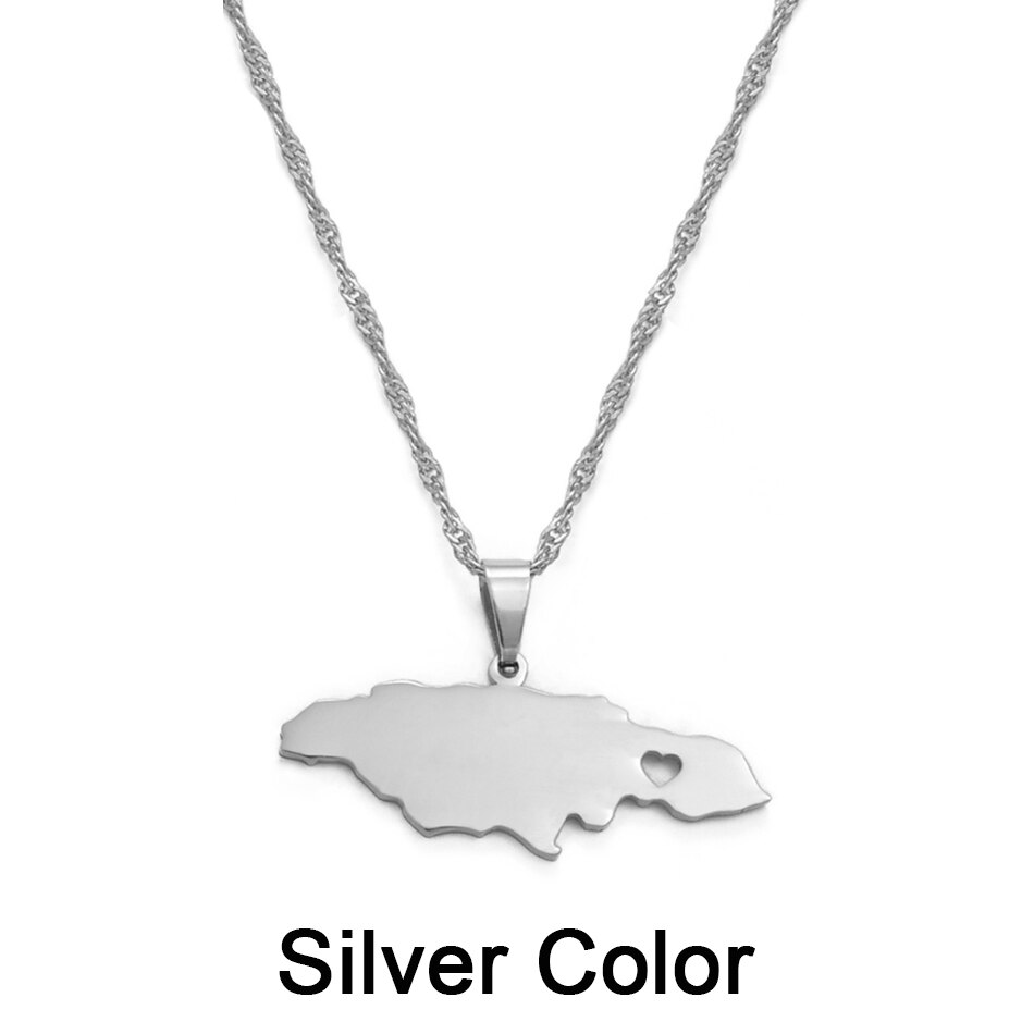 Anniyo Hart Jamaica Kaart Hanger Kettingen Voor Vrouwen/Meisje Goud Kleur Sieraden Jamaicaanse Patriottische #024621: Silver Color / 45cm Thin Chain