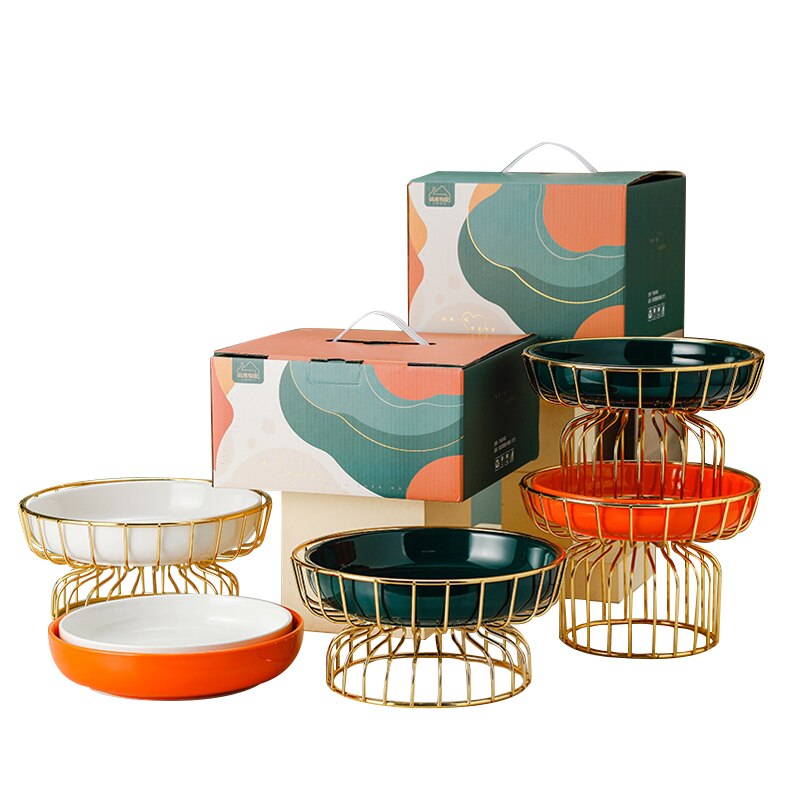 Houseware Fruit Plate Wrought Iron Frame Ceramic Dessert Plate Candy Plate Tall Fruit Plate Box Set With Souvenirs