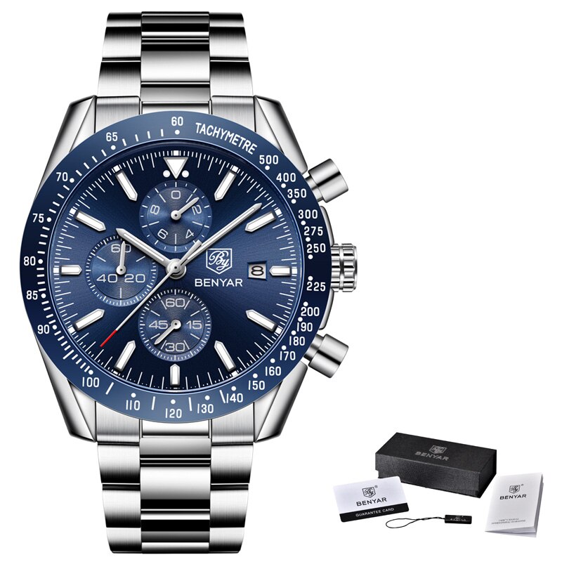 Reloj BENYAR para hombre, reloj de cuarzo de acero completo para negocios, reloj de de lujo informal resistente al agua para hombre, relojes deportivos masculinos con cronógrafo: As the picture4