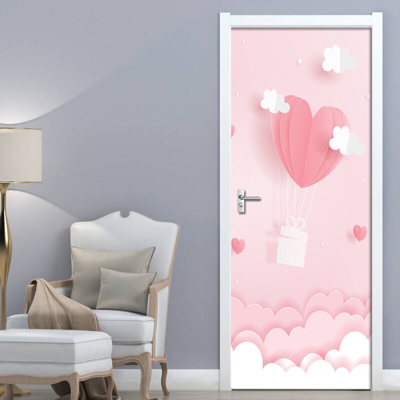 Pink Cartoon Door Sticker of 3D Waterproof Wallpaper On Door Home Decor Self Sticker Wallpaper For Living Room Renovation Decal