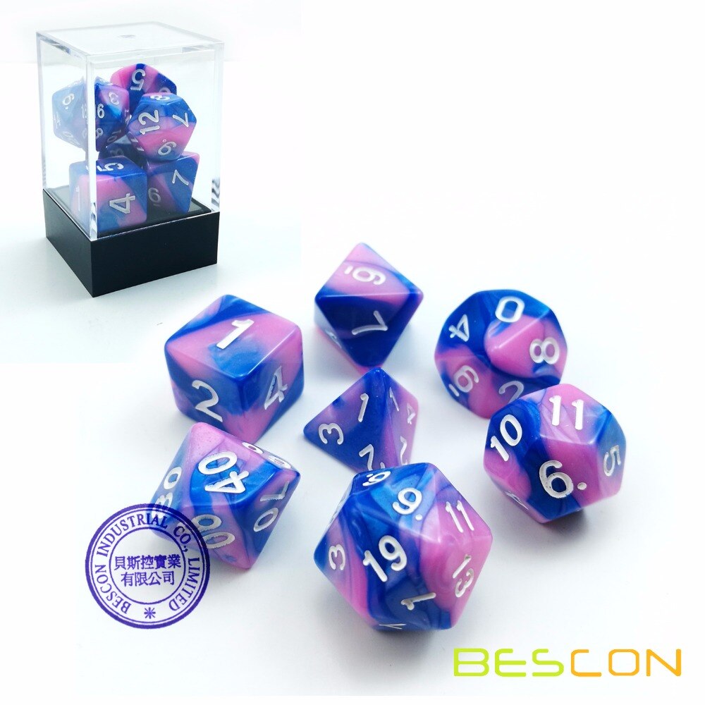 Bescon Gemini Polyhedral Dice Set Myosotis, Two-tone RPG Dice Set of 7 d4 d6 d8 d10 d12 d20 d% Brick Box Pack