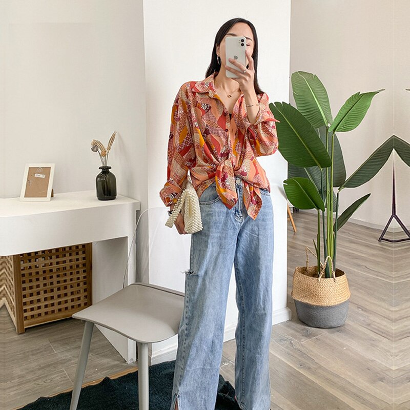 Kesäinen geometrinen printti paitapusero naisten rento käännettävä kaulus kokohihainen sifonkipaita crriflz