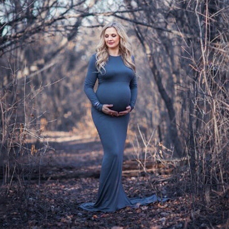 Lång graviditetsklänning fotografering gravidklänningar för fotografering vestidos gravidfotografering rekvisita maxi klänningar klänning kläder: Blå / Xl