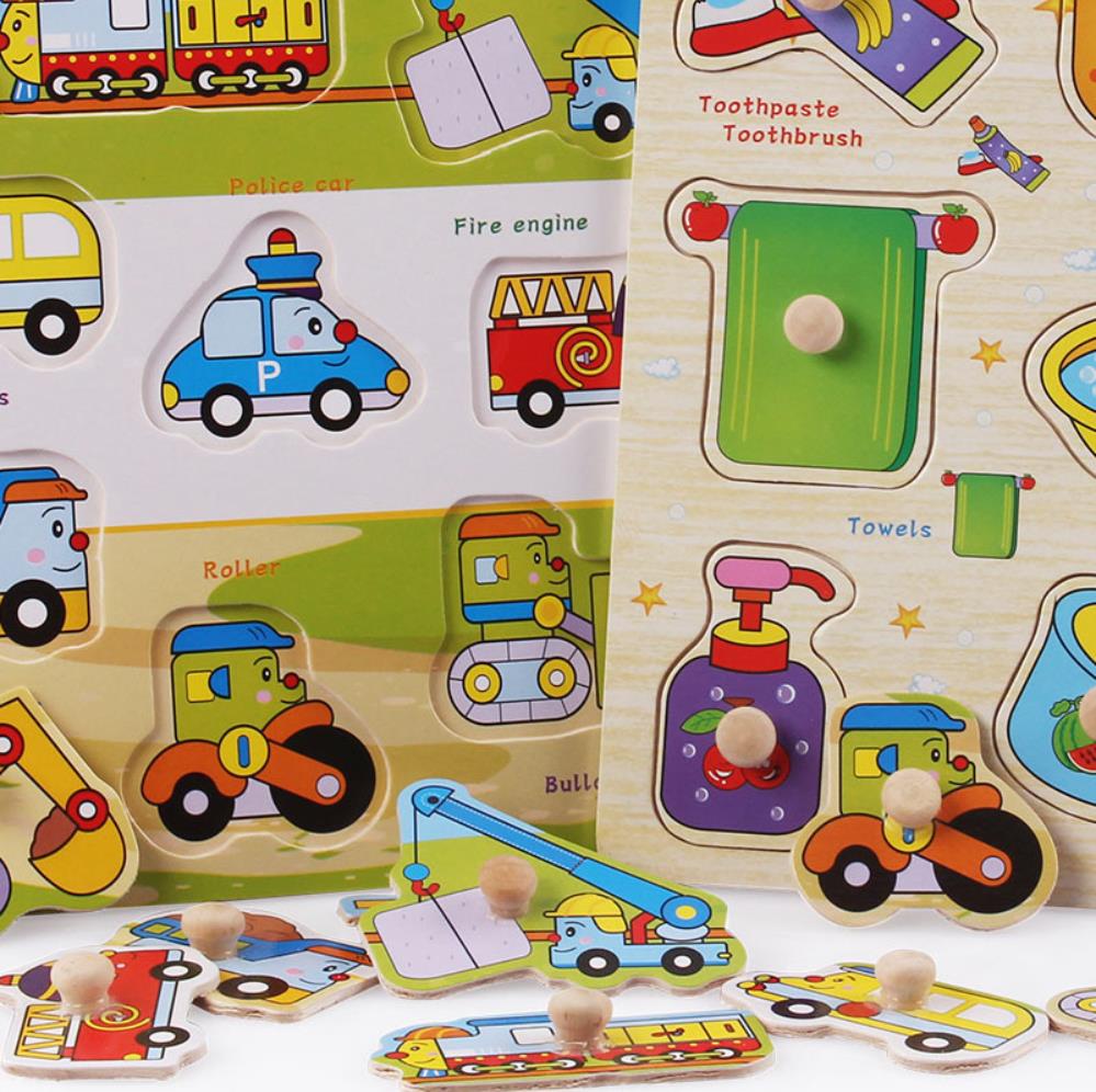 Pegs Style 3D Kids Wooden Puzzel Toys Animal Traffic Letter Life And Vegetables Graphic Intelligence Development Toys