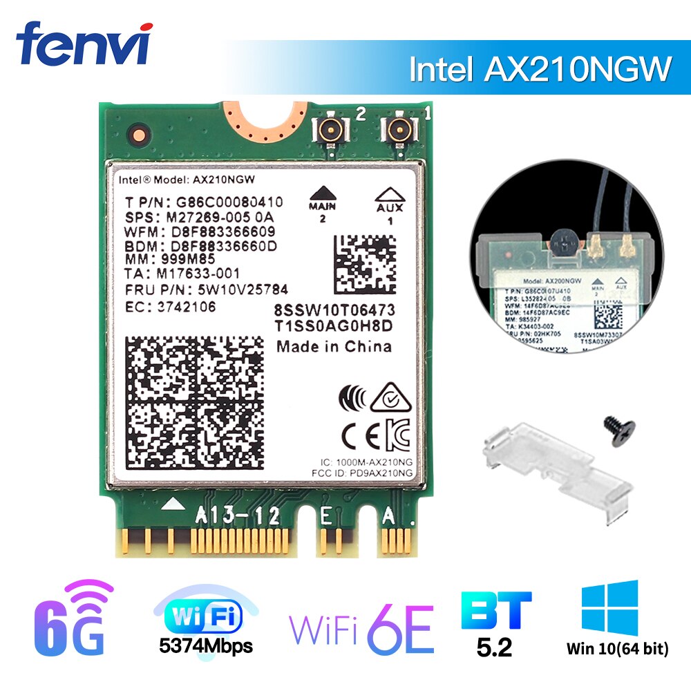Killer – carte réseau sans fil 1675X WI-FI 6E, 5374M, Bluetooth 5.2, 802.11AX, AX210NGW, pour ordinateur portable Windows 10/Win11: Intel AX210NGW
