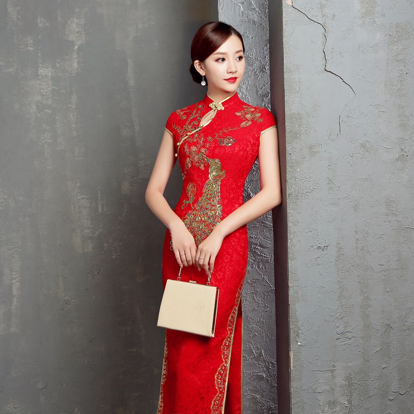 Robe Cheongsam de mariage chinoise traditionnelle, rouge, longue, brodée, style rétro, en dentelle, grande taille 6XL, robe de toast pour femmes