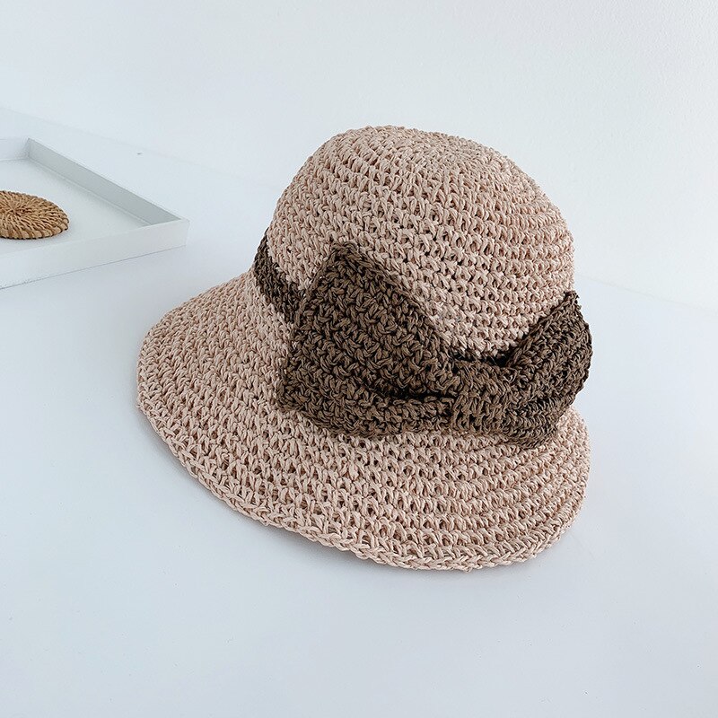 Japansk stråhatt kvinnlig sommarhit färg rosett knut handgjord halm ihålig fiskarhatt strandsolskydd hatt hinkhatt: Rosa