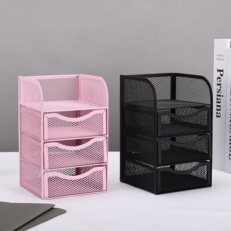 Drawer Storage Box Sundries Rack Metal Note Box Office Stationery Three-layer Grid Multifunctional Magazine Storage Rack