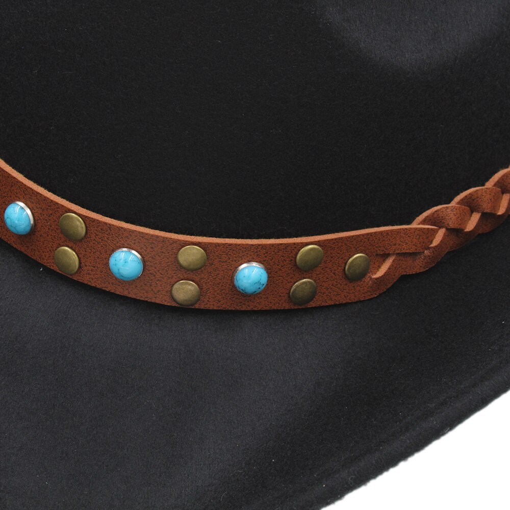 LUCKYLIANJI-Sombrero de vaquero occidental para niño, banda de cuero trenzado, de ala ancha, talla única: 54cm