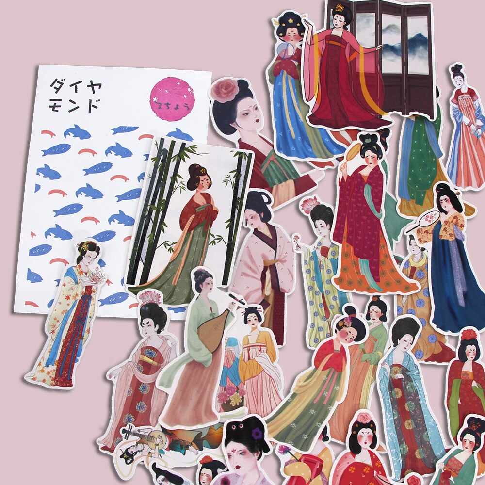 28Pcs/pack Tang Dynasty Ladies Stickers Ancient Chinese Style Sticker For Diary Notebook Scrapbooking Stationery Supplies