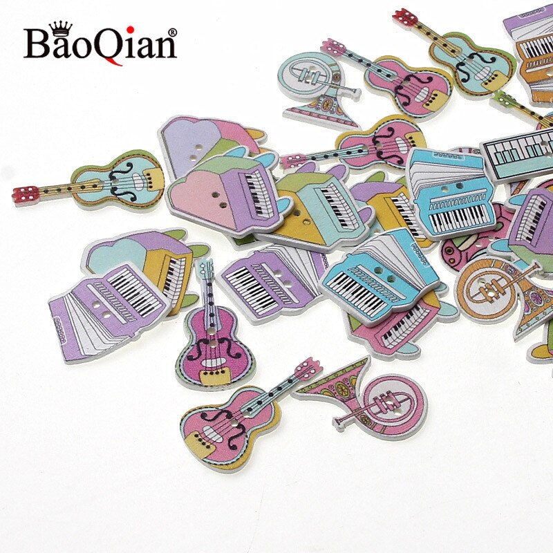 50 stuks gemengde muziekinstrumenten, houten knopen voor knutselen, scrapbooking accessoires, decoratieve houten knopen voor handwerk