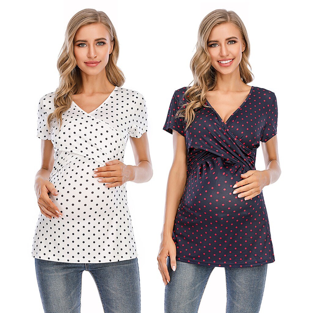 Vrouwen Moederschap T-shirt Top Voor Borstvoeding Korte Mouwen Dot Print Verpleging Zomer Korte Mouw Zwangere T-shirts Zwangerschap Tee