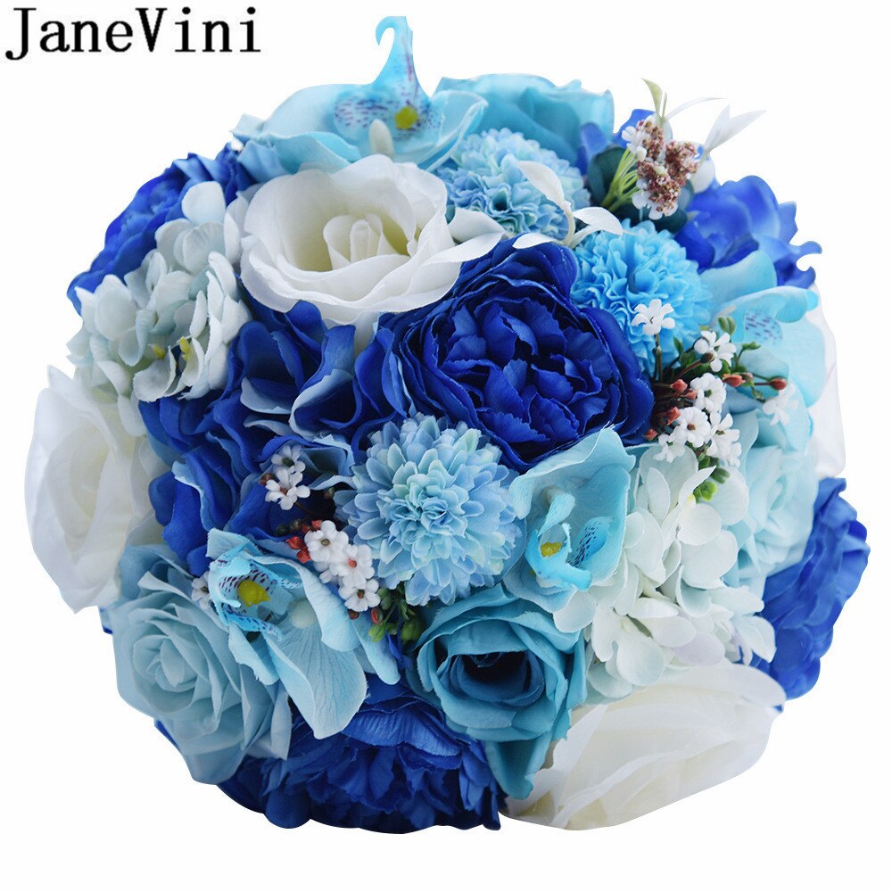 JaneVini Bouquet de fleurs bleues Bouquets de mariage mariée demoiselle d'honneur soie artificielle fleurs de mariée pivoine artificielle mariage
