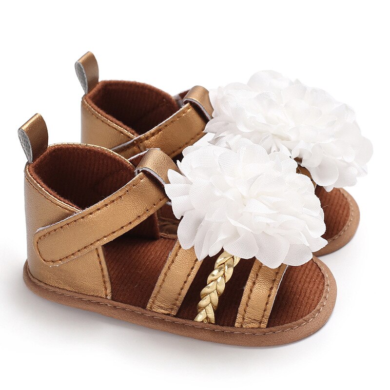Sandalias de bebé de verano, sandalias de punto con flores grandes para niñas, zapatos de cuna suaves, zapatos de playa a la para niños: Gold / 7-12 meses
