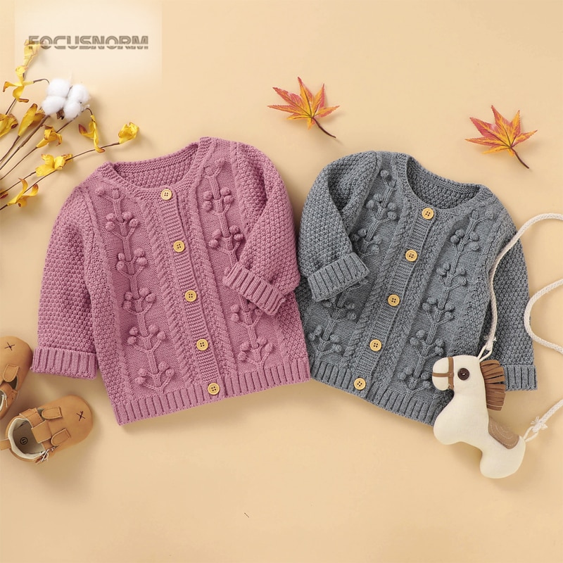 FOCUSNORM 0-24M Del bambino di Inverno Delle Ragazze del Cappotto del Maglione di Maglia Fiori di Stampa A Maniche Lunghe Monopetto Caldo Abiti