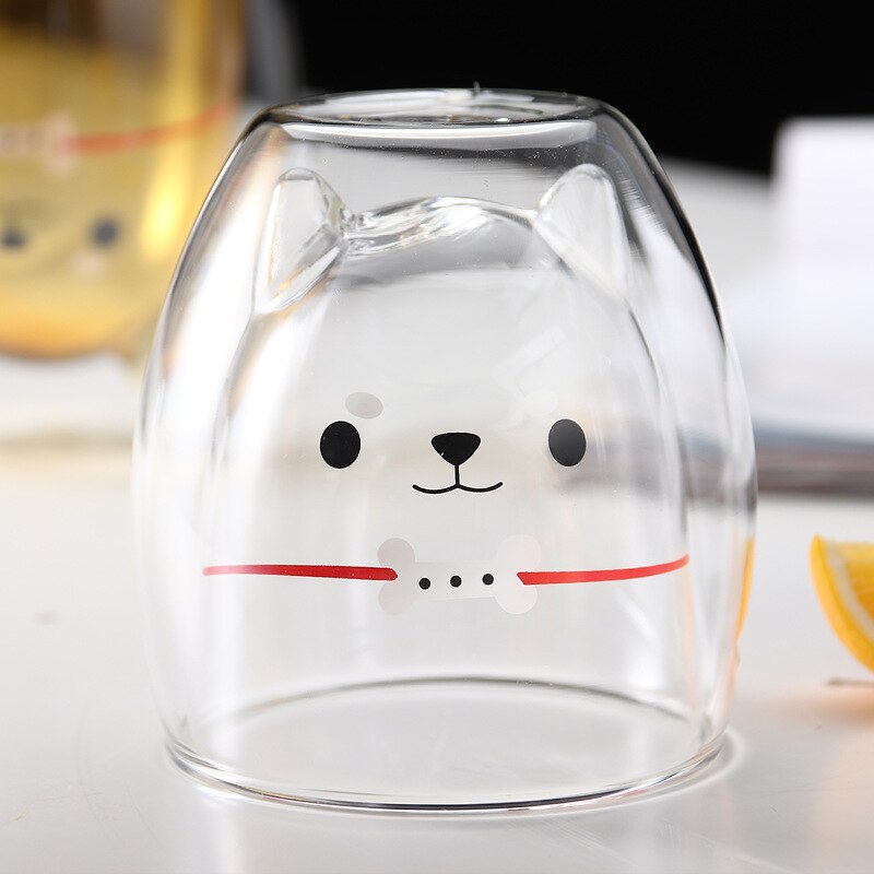 Dubbellager kaffemugg söt shiba inu glas tecknad barnmjölkkopp dam mjölk tekopp nät röd shiba inu kul glas