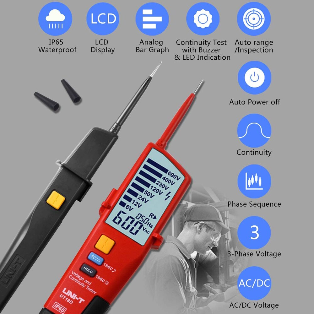 Teste de rotação da fase do teste do detector rcd da tensão e da continuidade de UNI-T ut18d tester-à prova drágua com escala do automóvel do flash